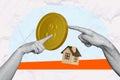 Collage image golden coin pointing finger showing money currency new house purchase morgtage accommodation rent drawing