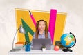 Collage image of happy clever girl use netbook elearning desk study supply world globe book lamp ruler pen triangular