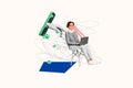 Collage image of mini girl sit chair use netbook big smart phone display hand finger crumpled paper isolated on drawing