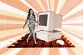 Collage image of mini positive black white effect girl walking carpet big retro computer mouse monitor isolated on