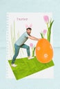 Collage image minimal design greeting card of young funny man pink headband ears pusing big yellow easter decorated egg Royalty Free Stock Photo