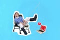 Collage image of overjoyed positive granddad sit chair hold fishing rod catch like netbook isolated on creative blue