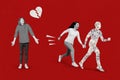 Collage image picture of tree person crisis conflict romantic relationship pair split up isolated on painting red color