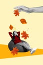 Collage image pinup retro illustration comfortable beanbag pouf relaxation girl golden falling leaves autumn isolated on