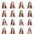 Collage image of sixteen different human emotions and reactions, young attractive caucasian woman headshots