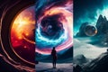 Collage image of three different cosmic space scenes. Generative AI