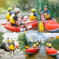 Collage of images Happy family of four on the catamaran Royalty Free Stock Photo