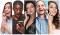 The collage from images of multiethnic group of happy young men and women using their phones Royalty Free Stock Photo