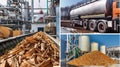 A collage of images showcasing various industrial byproducts being processed and transformed into biofuel. One photo