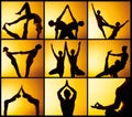 The collage from images of two people practicing yoga in the sunset light Royalty Free Stock Photo