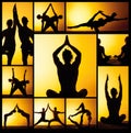 The collage from images of two people practicing yoga in the sunset light Royalty Free Stock Photo