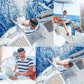 Collage of images Man with laptop computer on sailboat Royalty Free Stock Photo