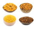 Collage of Indian Namkeen Food Crunchy Mixture, Dalmoth or Sev in Vintage Bowl