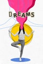 Collage inspiration picture of sketch drawing pink leaks illustration young woman balance meditate dreams on