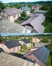 Collage of installation and ready solar panels on the roof of house. Royalty Free Stock Photo