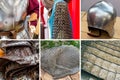 Collage iron armor, chain mail and helmet defense of a medieval warrior