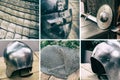 Collage iron military helmet, chain mail and shield with a sword close-up protection of a warrior