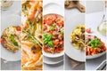 Collage of Italian pasta spaghetti with different sauce on dark Royalty Free Stock Photo