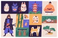 Collage of Japanese national culture, art, sport and traditions. Traditional Japan buildings, bonsai tree, masks, Akita