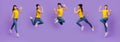 Collage of joyful asian girl jumping in air on purple background Royalty Free Stock Photo