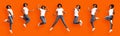 Collage of jumping stylish black lady on orange