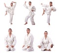 The collage of karate player in kimono isolated on white Royalty Free Stock Photo