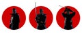 Collage of kendo fighters with Samurai sword katana in red circles unrecognizable person, dark mask Royalty Free Stock Photo