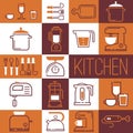 Collage of kitchen supplies icons and stickers, vector illustration. Flat line pictogram for kitchen utensils shop