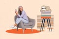 Collage of lady sitting comfortable chair chilling hold smartphone browsing ebook lying funny painted sloth animal bored