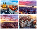 Collage of landmarks of Prague. Charles bridge, Cathedral of Saint Vitus, Orloj Astronomical Clock, Church of our Lady Tyn in old