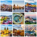 Collage of landmarks of Prague. Charles bridge, Cathedral of Saint Vitus, Orloj Astronomical Clock, Church of our Lady Tyn in old Royalty Free Stock Photo