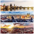 Collage of landmarks of Prague. Charles bridge, Cathedral of Saint Vitus, Orloj Astronomical Clock, Church of our Lady Tyn in old Royalty Free Stock Photo