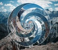 Collage with the landscape and the sacred geometry symbol spiral