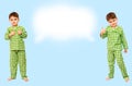 Collage. little boy standing in pajamas showing sign of approval, like Royalty Free Stock Photo