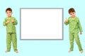 Collage. little boy standing in pajamas showing sign of approval, like Royalty Free Stock Photo