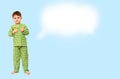 Collage. little boy standing in pajamas showing sign of approval, like Royalty Free Stock Photo