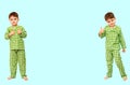 Collage. little boy standing in pajamas showing sign of approval, like Royalty Free Stock Photo