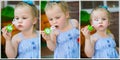 Collage. little girl inflates soap bubbles. Royalty Free Stock Photo