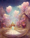 collage for little girls, princess world with heart trees and a castle, children book, ai generated image