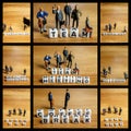 Collage of little miniature figurines with little dices as a part of team meeting mosaic pictures with black frames