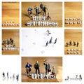 Collage of little miniature figurines with little dices as a part of team meeting mosaic pictures with white frames