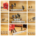 Collage of little miniature figurines with little dices as a part of team meeting mosaic pictures with white frames