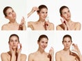 Collage. Lively young beautiful girl with happy facial expression doing hand face care. Concept of purity, skin care Royalty Free Stock Photo