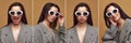 Collage made of close up portraits of beautiful stylish young girl wearing white sunglasses looking at camera with Royalty Free Stock Photo