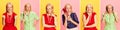 Collage made of closeup portraits of funny woman in vintage clothes expressing different emotions on pink and yellow Royalty Free Stock Photo