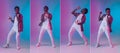 Collage made of different photos of young African man, singer isolated on gradient blue pink background in neon light