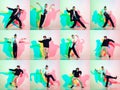Collage made of dynamic portraits of teens, boys dancing hip-hop in stylish clothes on colored studio background with Royalty Free Stock Photo