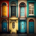 Collage made of eight different style and color retro front doors to houses. Brown, blue, yellow wooden home entrance