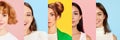 Collage made of five girls. Half-face portraits of beautiful young female models looking at camera over multicolored