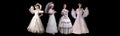 Collage made of portrait of different beautiful young woman inelegant dresses over black background. Queen and princess